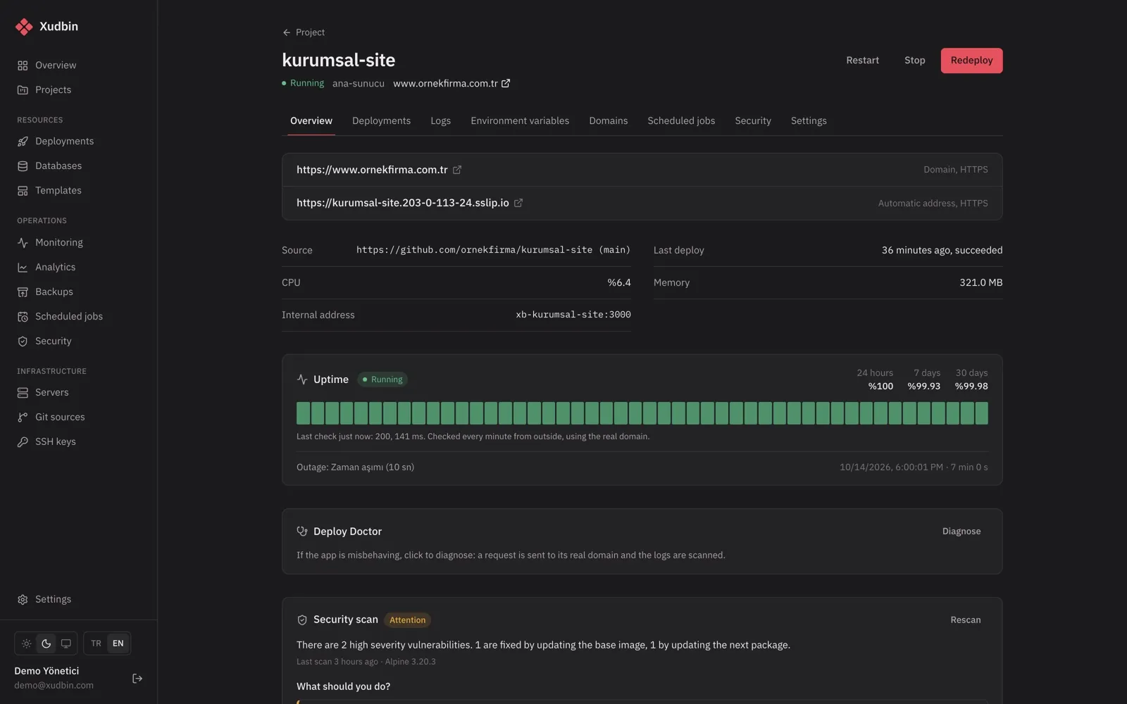 App details: deploys, domains, environment variables