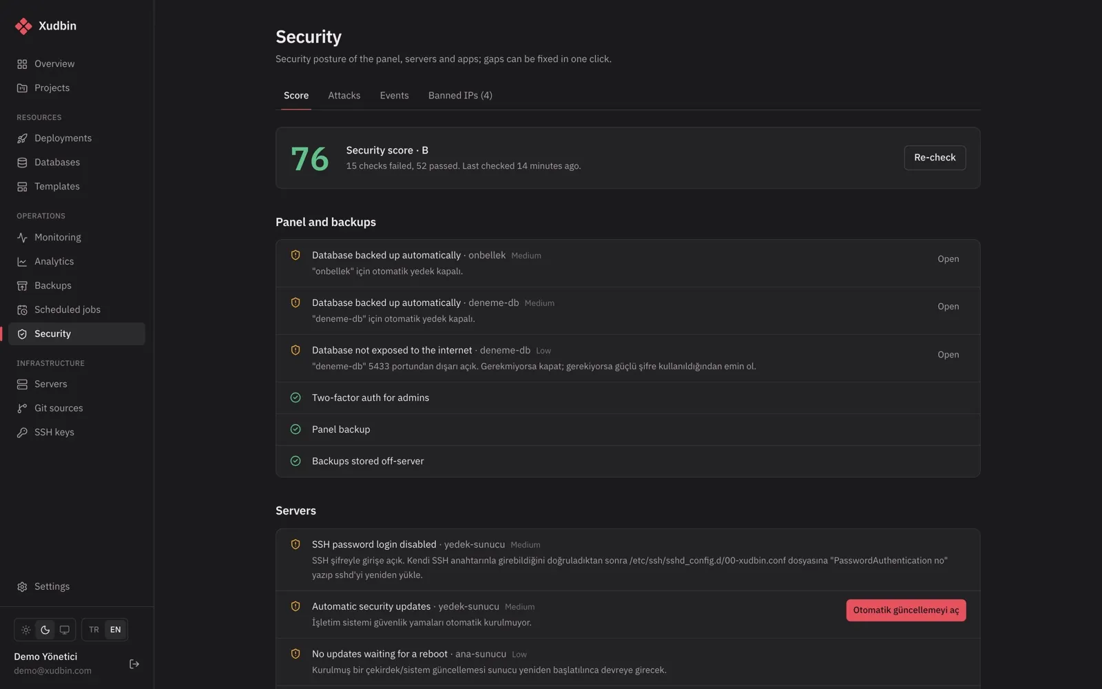 Security: score, attacks, banned IPs
