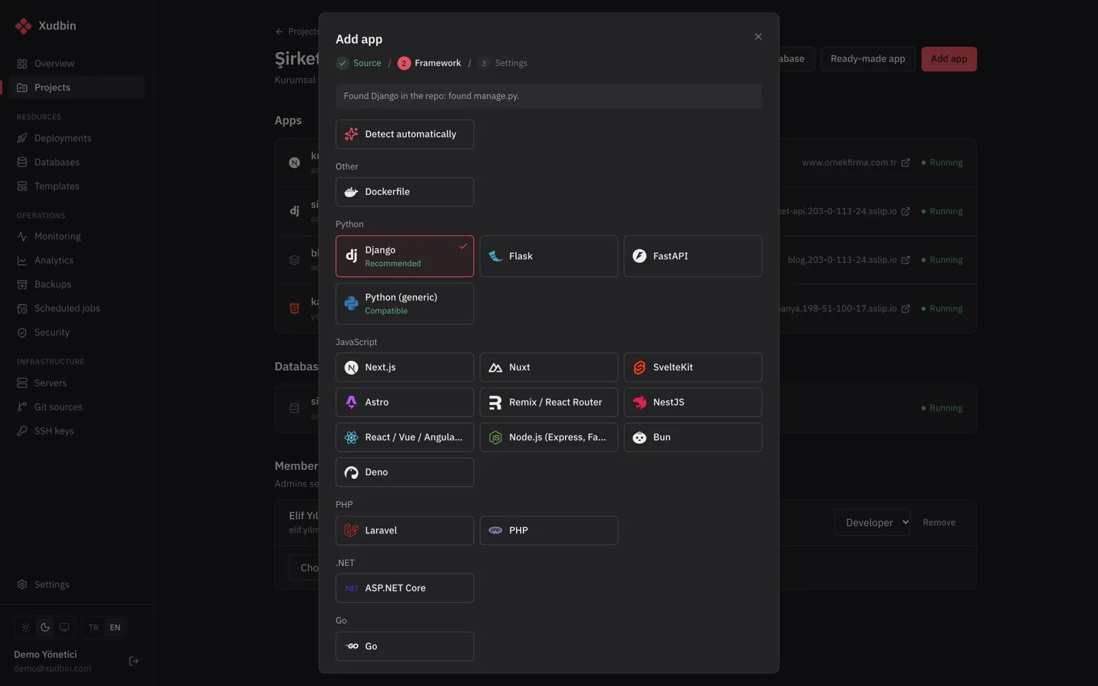 Pick a repo; Xudbin recognizes the framework