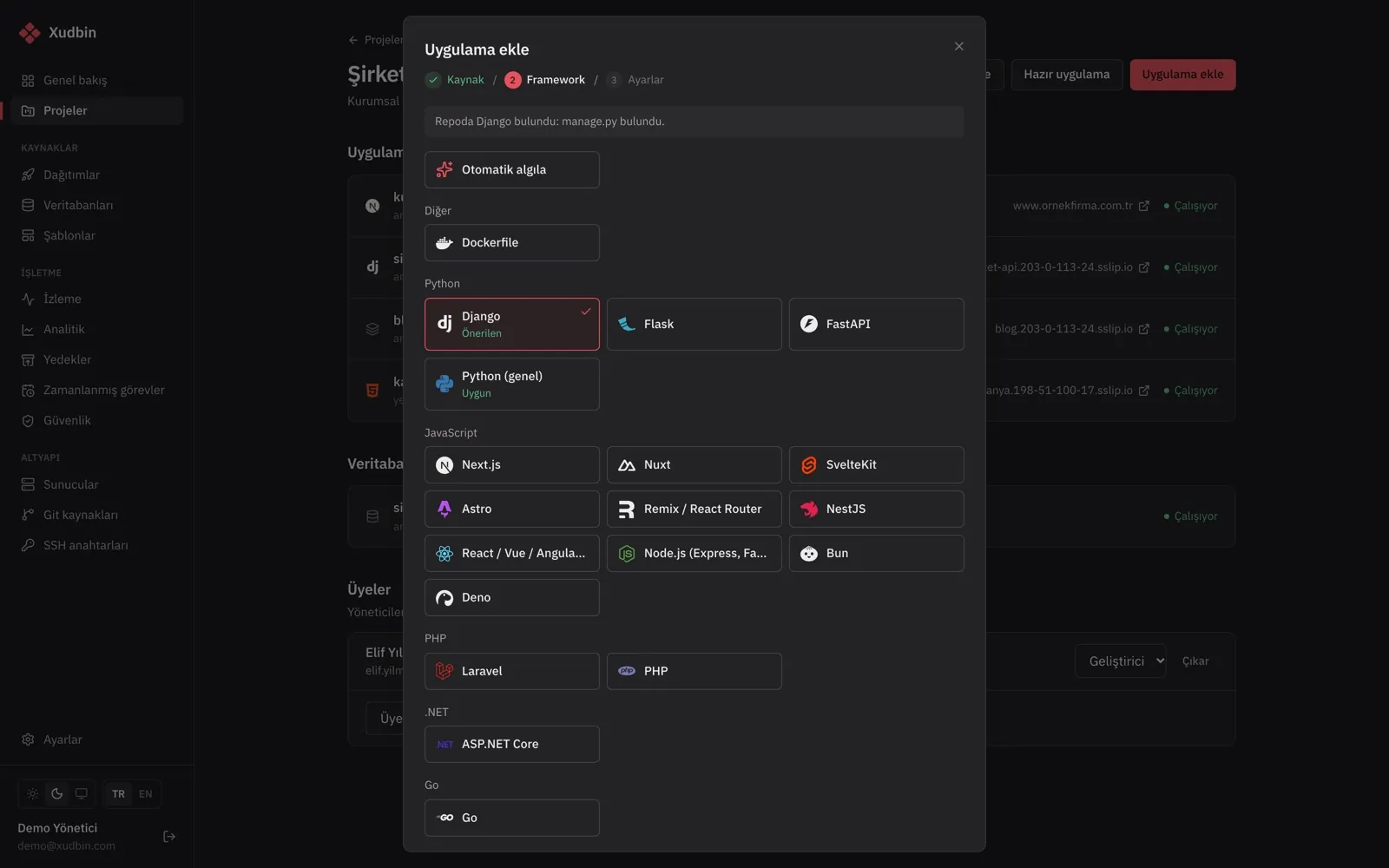 Repoyu seç; framework'ü Xudbin tanır